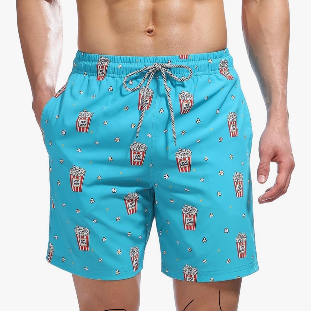 Aqua Popcorn Print Men's Swim Trunks